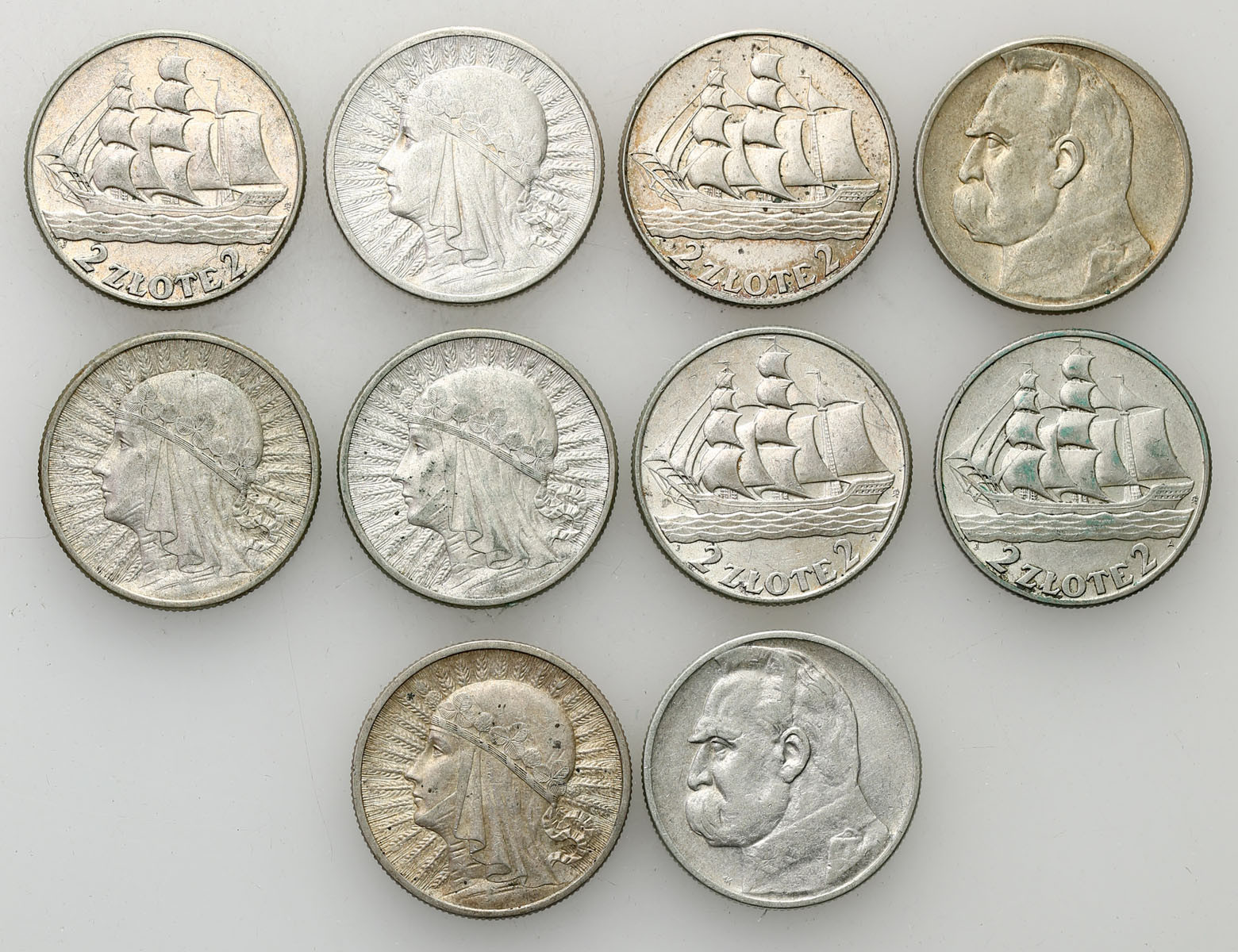 II RP. 2 złote Piłsudski 1934, głowa kobiety 1933 + 1934, żaglowiec 1936, zestaw 10 monet